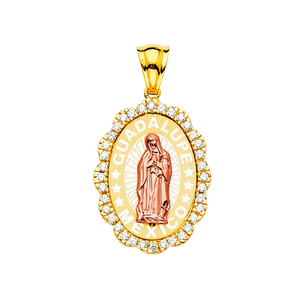 Guadalupe Medal with CZ Pendant - 14k Two Tone Gold