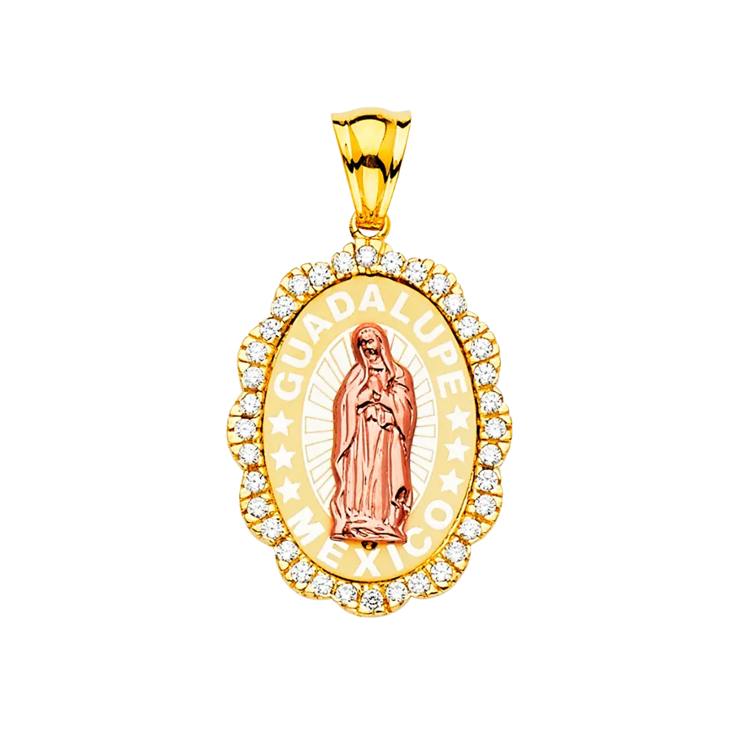 Guadalupe Medal with CZ Pendant - 14k Two Tone Gold