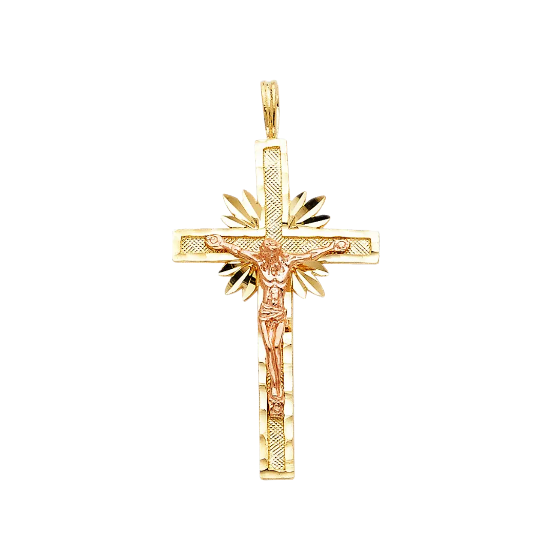 Fancy Crucufix Cross with CZ Pendant - 14k Two Tone Gold