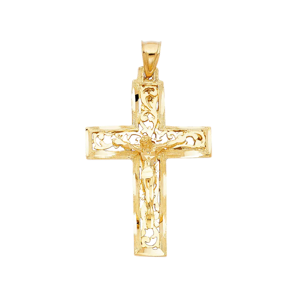 Fancy Crucufix Cross with CZ Pendant - 14k Two Tone Gold