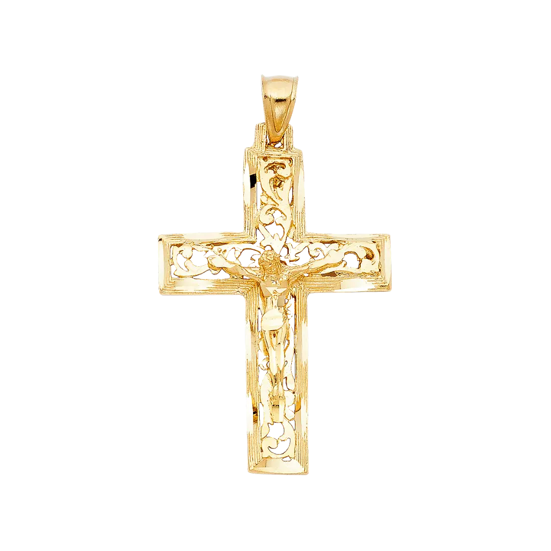 Fancy Crucufix Cross with CZ Pendant - 14k Two Tone Gold