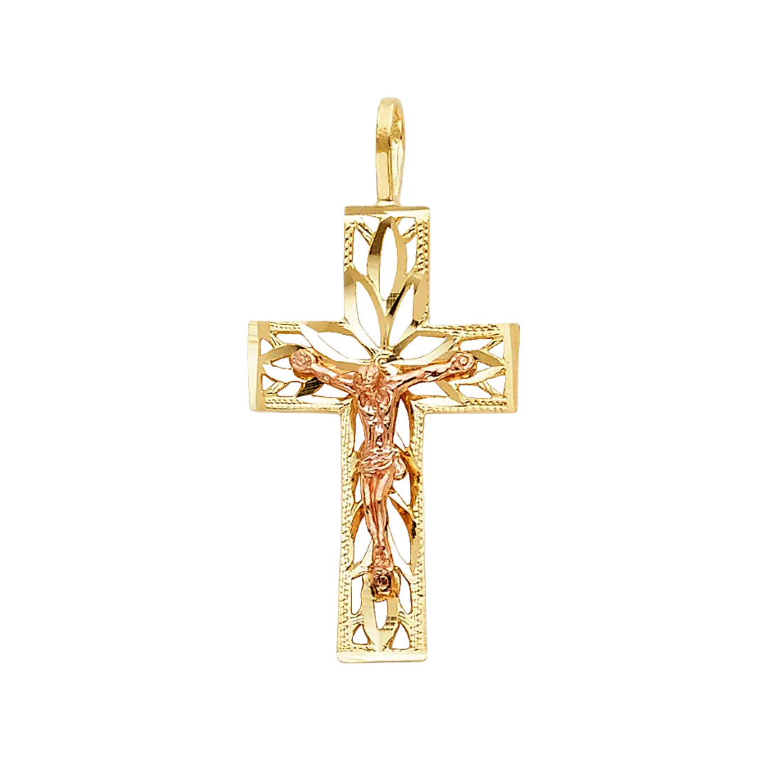 Fancy Crucufix Cross with CZ Pendant - 14k Two Tone Gold