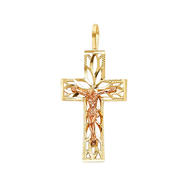 Fancy Crucufix Cross with CZ Pendant - 14k Two Tone Gold