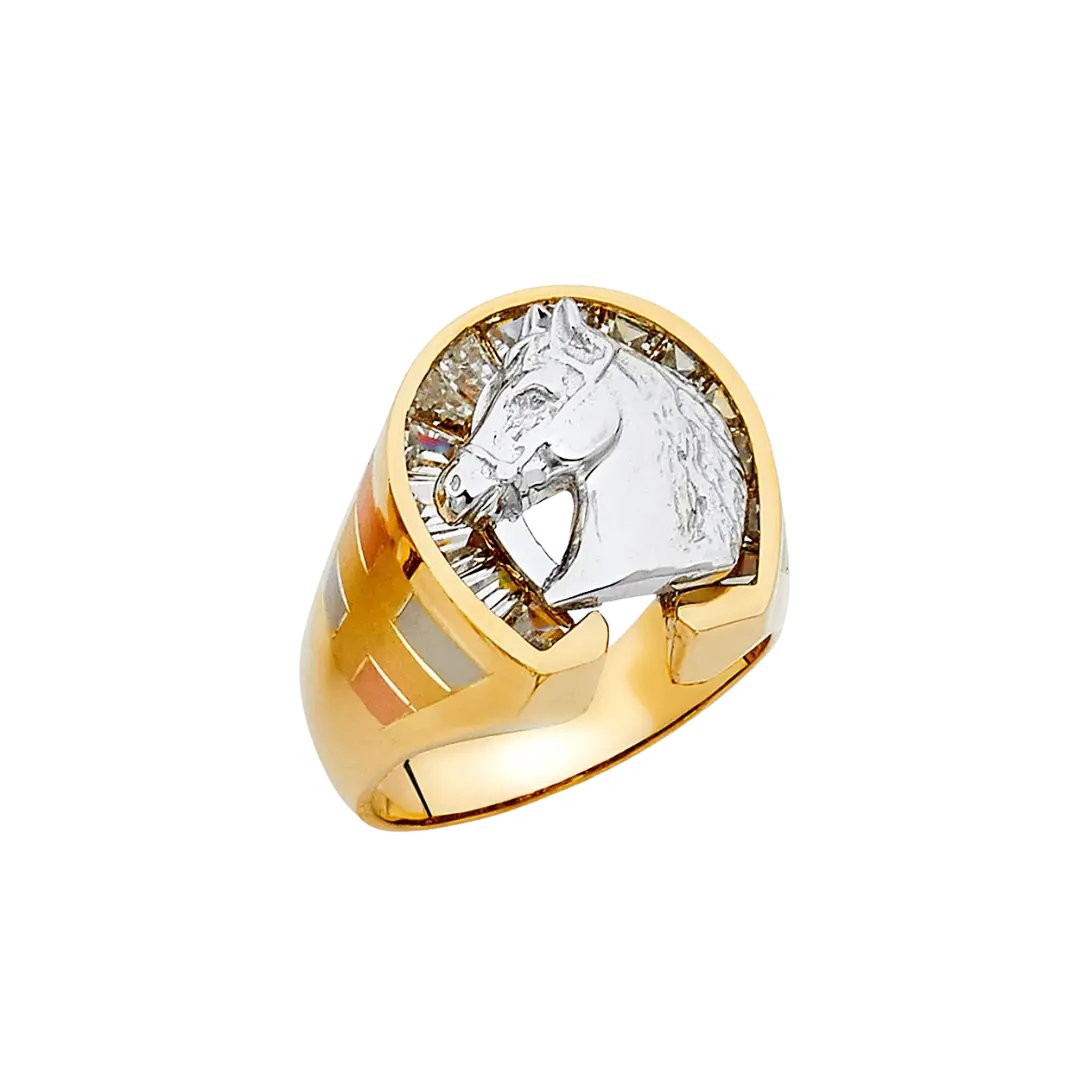 Horse Shoe with CZ Men's Ring - 14k Two Tone Gold