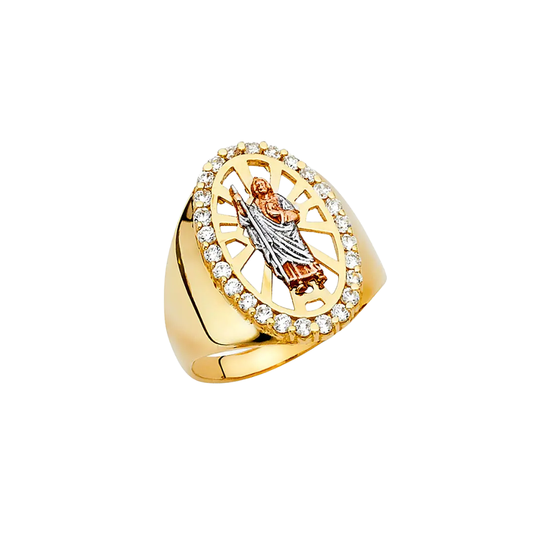 San Judas Men's CZ Ring - 14k Tri Color Gold