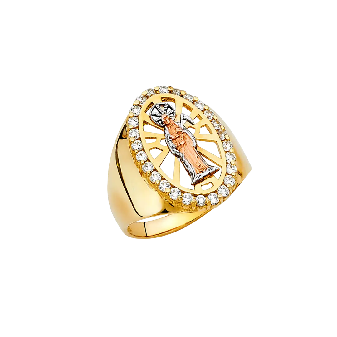 Santa Muerte with CZ Men's Ring - 14k Tri Color Gold