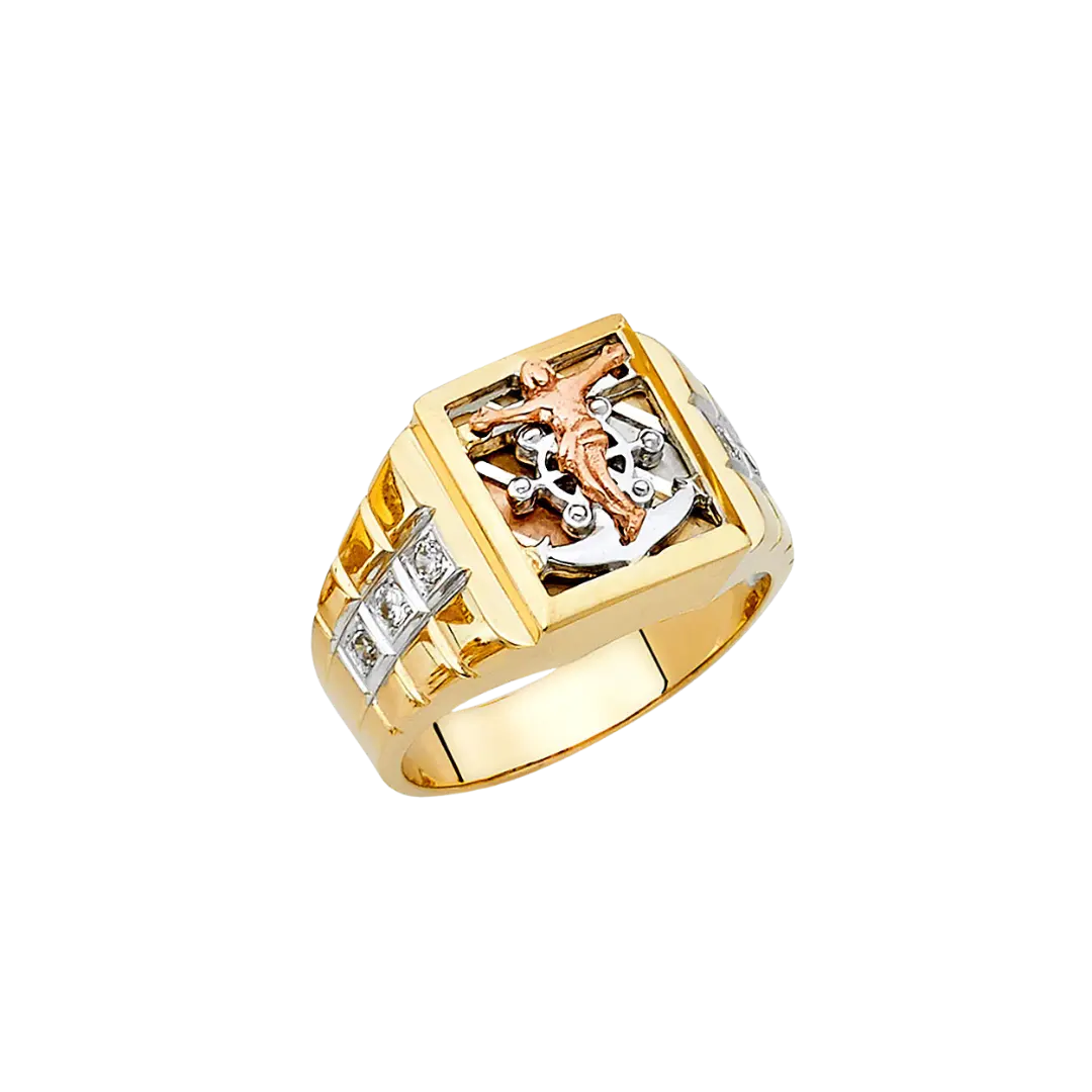 Jesus Cross Anchor Men's CZ Ring - 14k Tri Color Gold