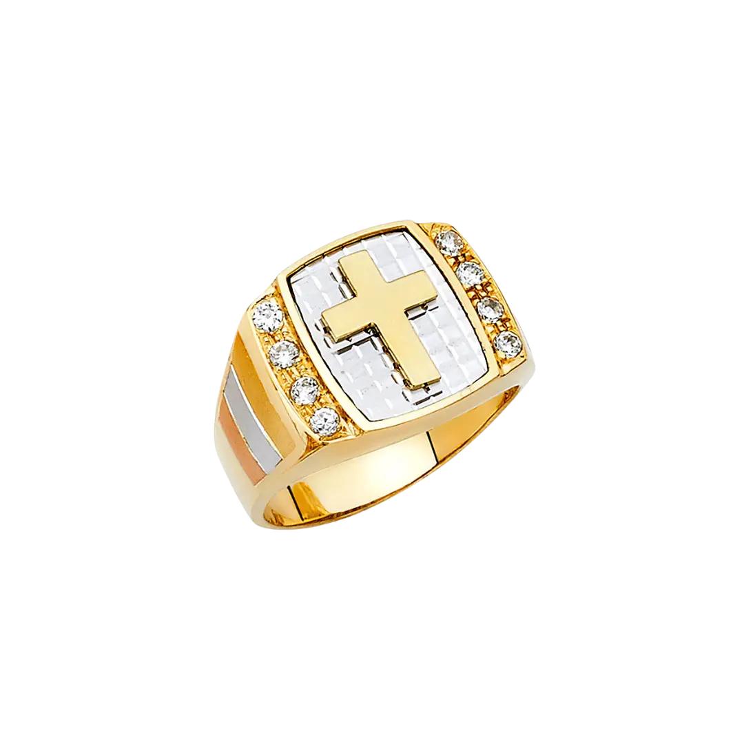 Cross with CZ Men's Ring - 14k Two Tone Gold