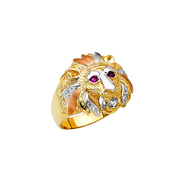 Lion with CZ Men's Ring - 14k Tri Color Gold