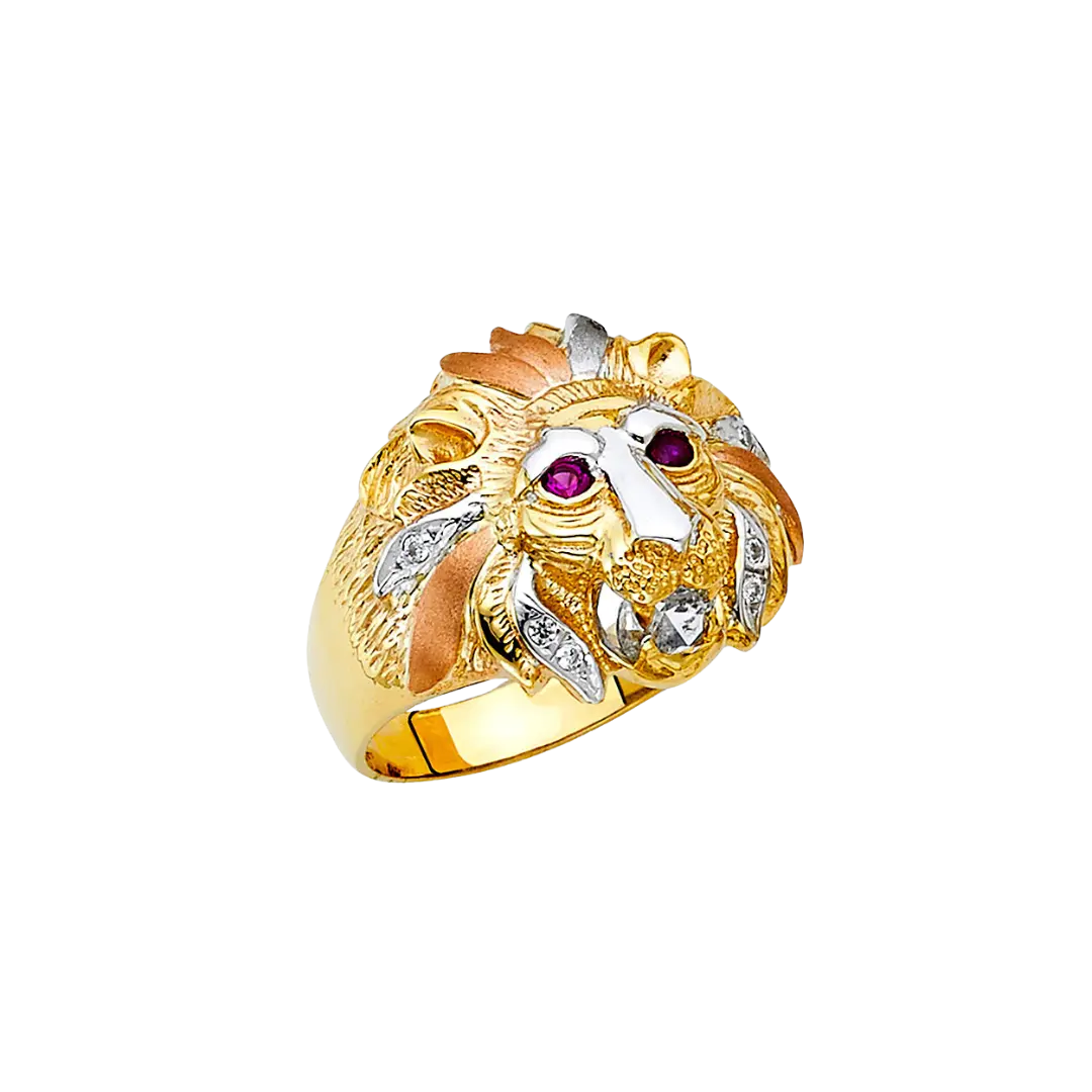 Lion with CZ Men's Ring - 14k Tri Color Gold