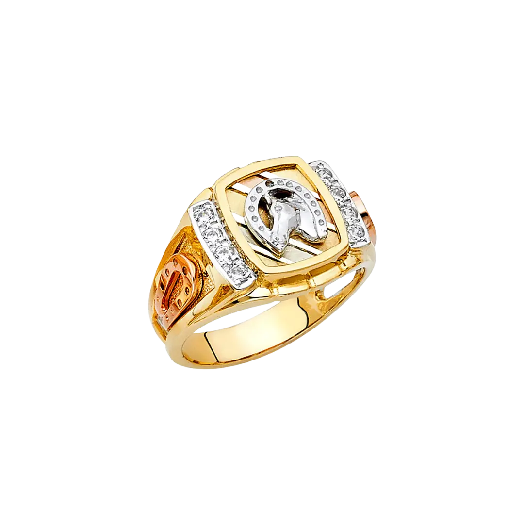 Lucky Horse Shoe with CZ Men's Ring - 14k Tri Color Gold