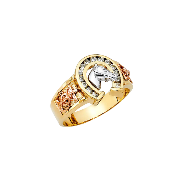 Lucky Horse Shoe with CZ Men's Ring - 14k Tri Color Gold