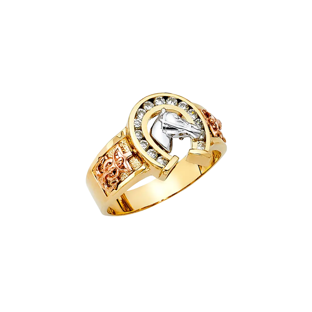 Lucky Horse Shoe with CZ Men's Ring - 14k Tri Color Gold