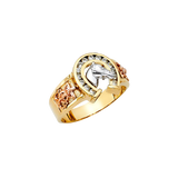 Lucky Horse Shoe with CZ Men's Ring - 14k Tri Color Gold