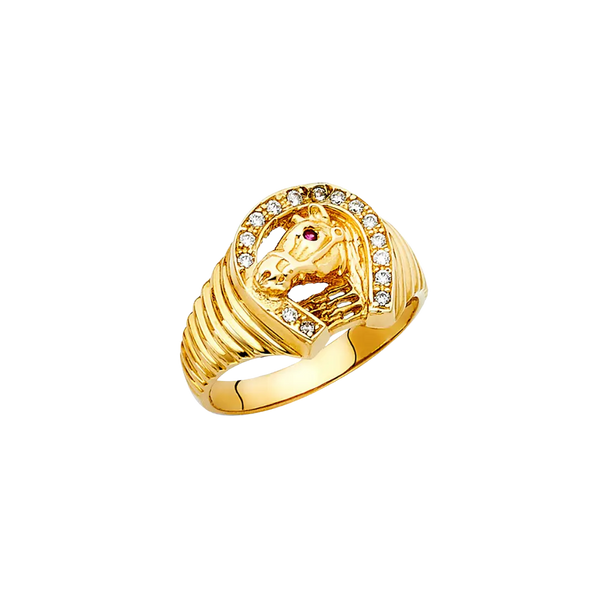 Lucky Horse Shoe with CZ Men's Ring - 14k Yellow Gold