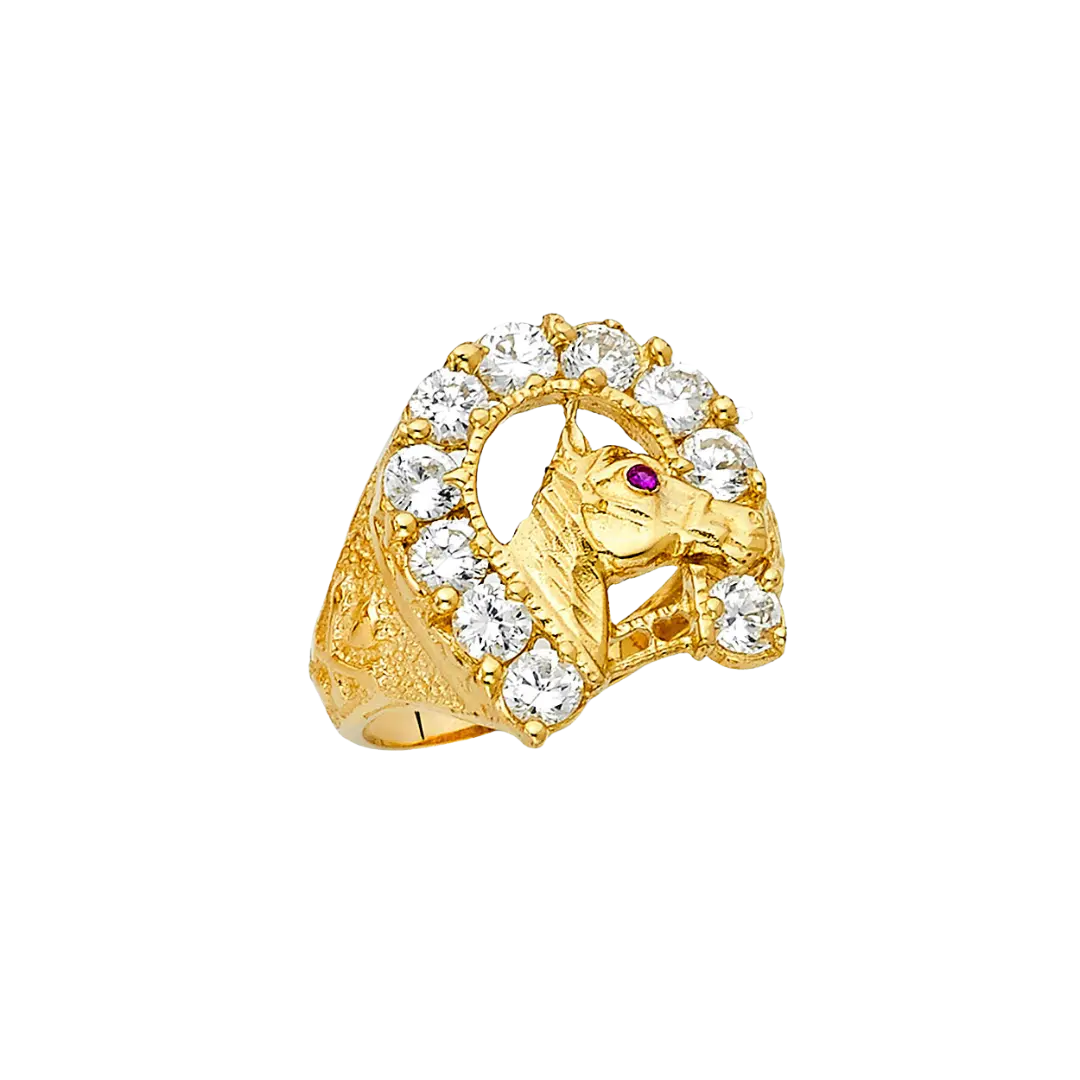 Lucky Horse Shoe with CZ Men's Ring - 14k Yellow Gold