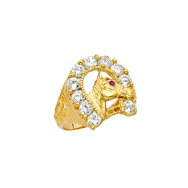 Lucky Horse Shoe with CZ Men's Ring - 14k Yellow Gold