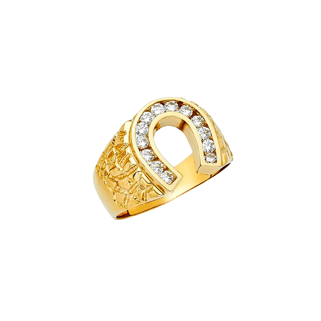 Lucky Horse Shoe with CZ Men's Ring - 14k Yellow Gold