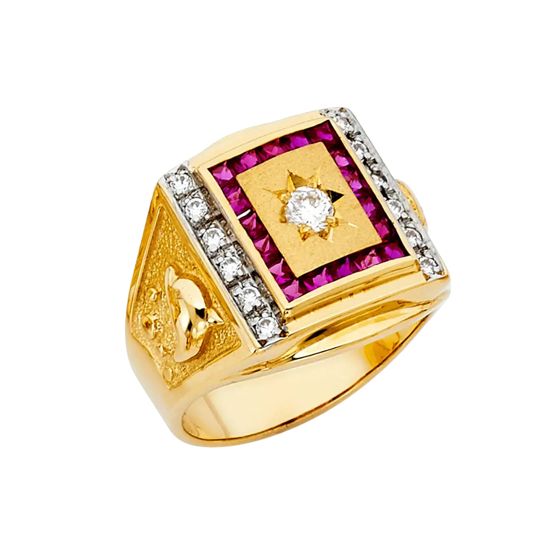 Men's CZ with Ruby Ring - 14k Yellow Gold