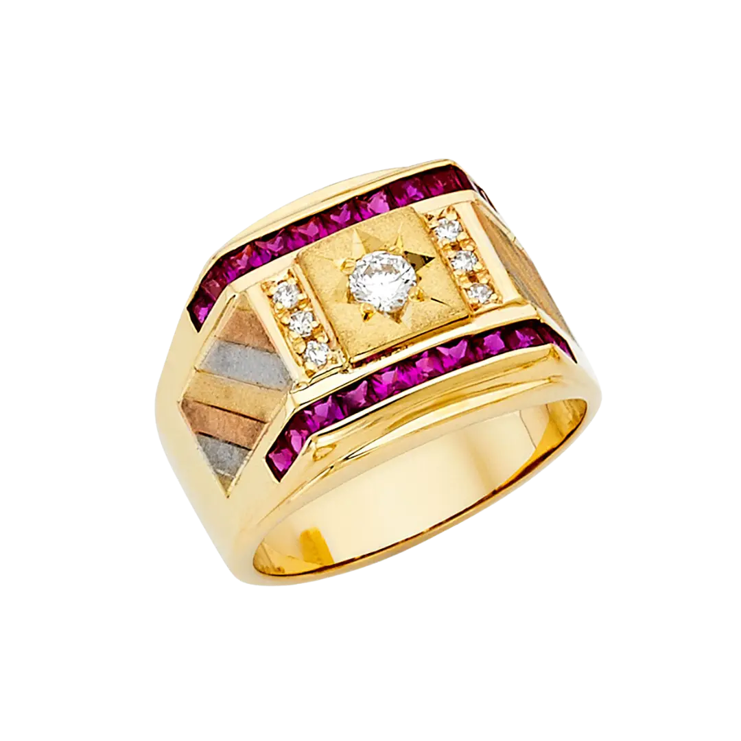 Men's CZ with Ruby Ring - 14k Yellow Gold