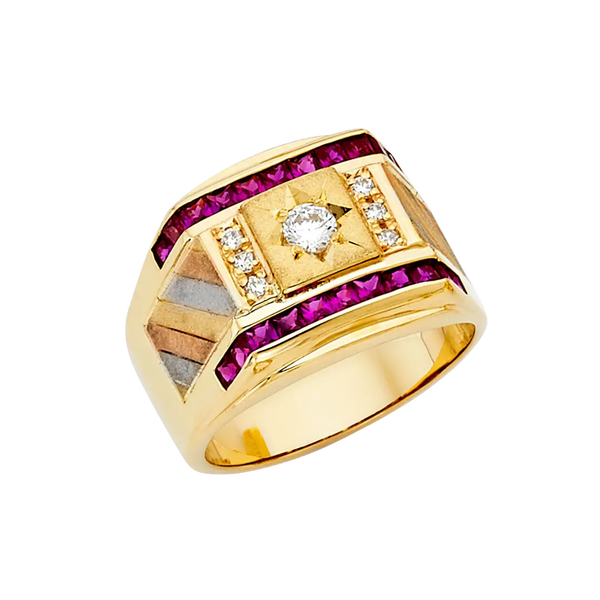 Men's CZ with Ruby Ring - 14k Yellow Gold