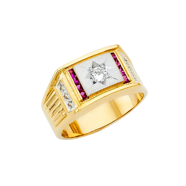 Men's CZ with Ruby Ring - 14k Yellow Gold