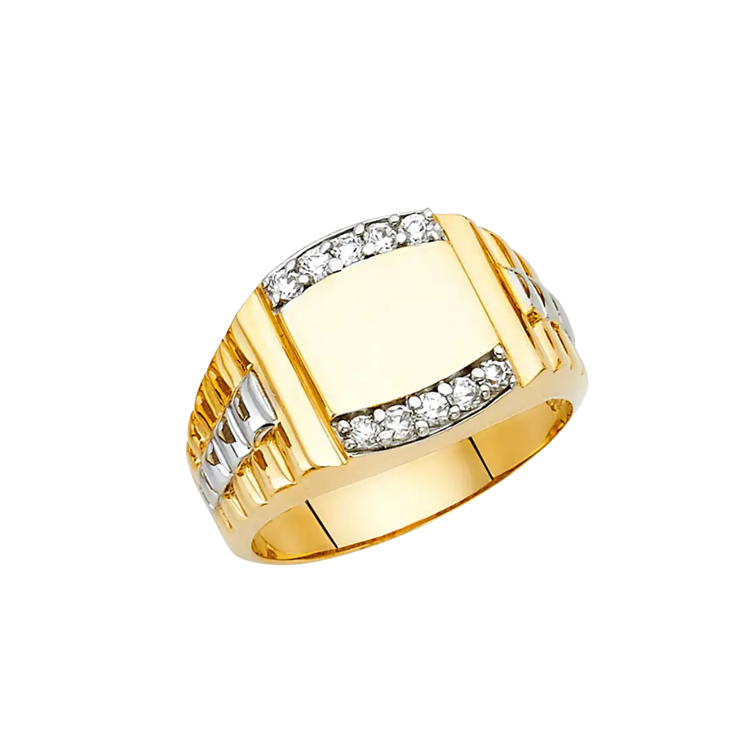 Men's Signet with CZ Ring - 14k Two Tone Gold