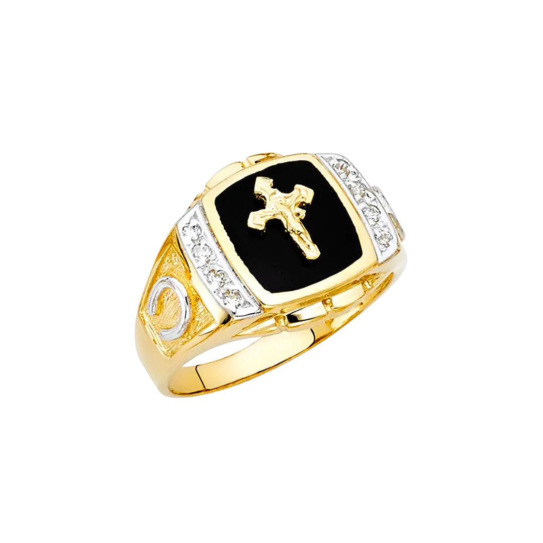 Onyx Cross Men's Ring - 14k Yellow Gold