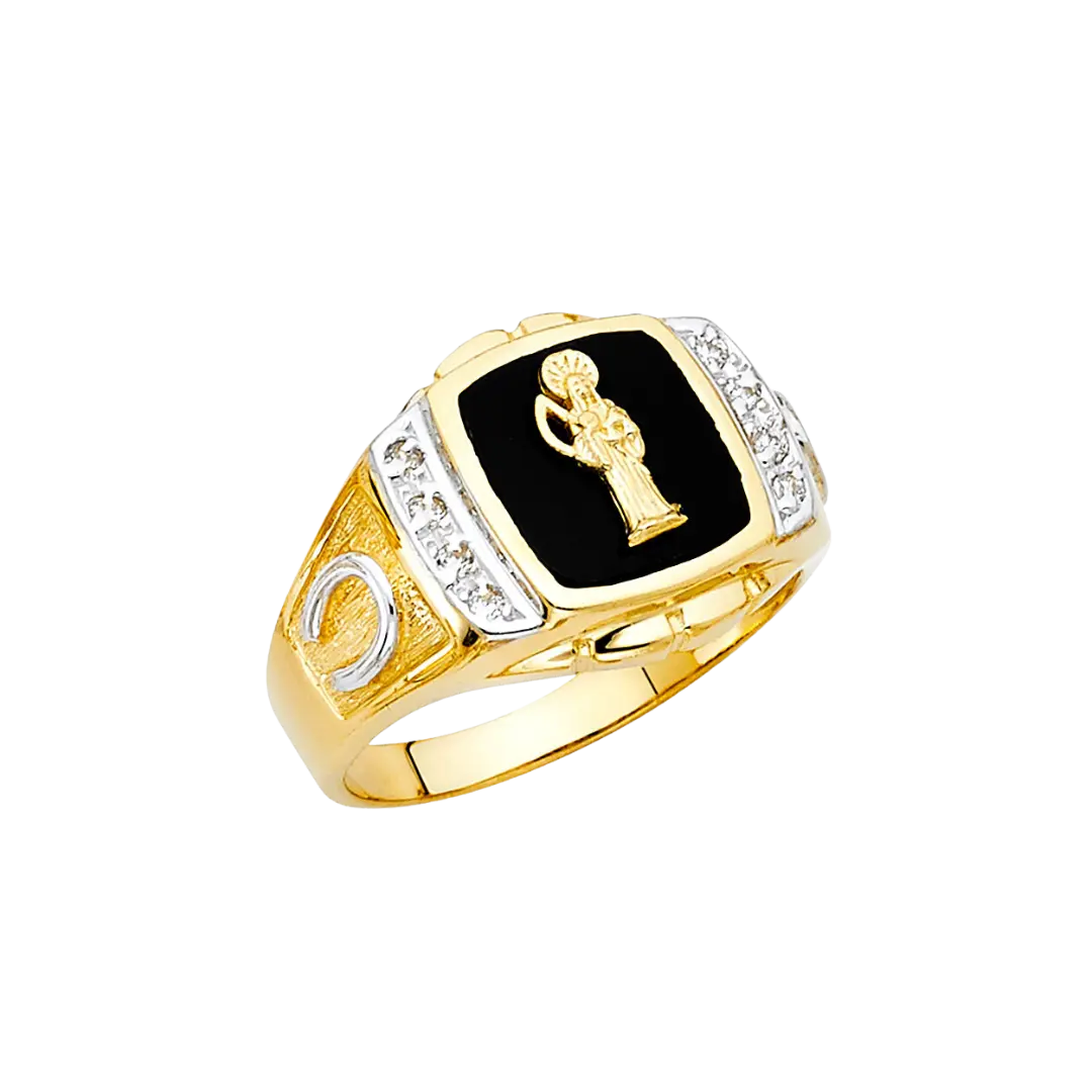 Onyx Santa Muerte Men's Ring - 14k Yellow Gold