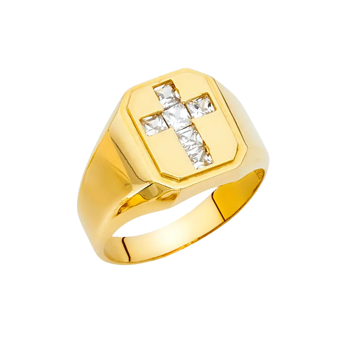 Cross with CZ Men's Ring - 14k Yellow Gold