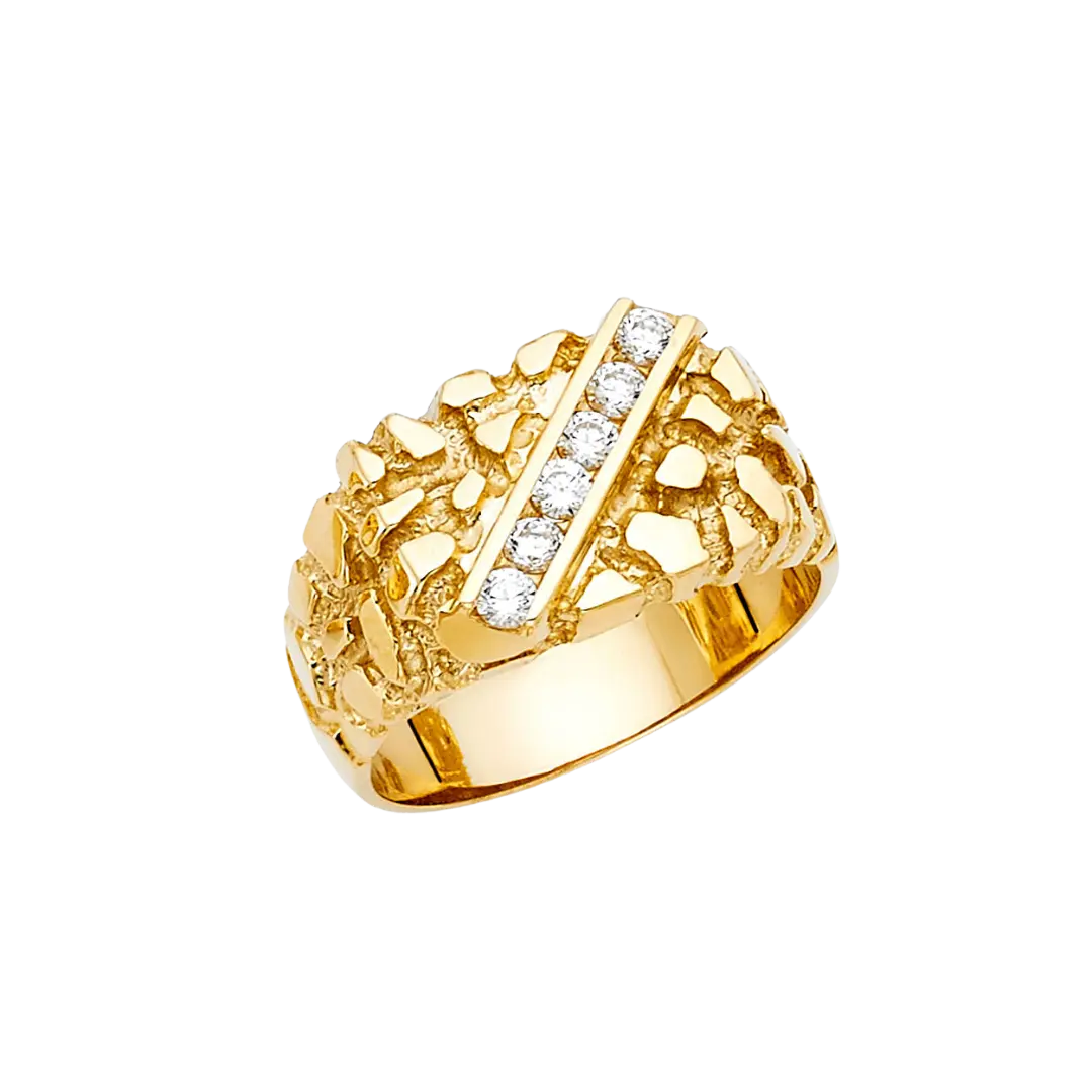 Men's Nugget with CZ Ring - 14k Yellow Gold