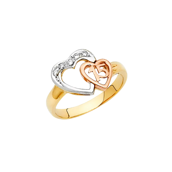 Quince Anos Heart with CZ Ring - 14k Tri Color Gold