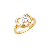 Quince Anos Heart with CZ Ring - 14k Tri Color Gold