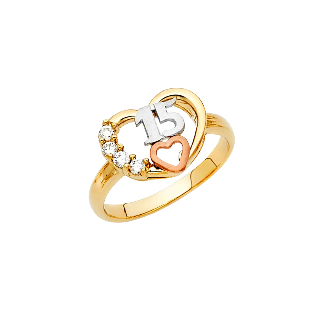 Quince Anos Heart with CZ Ring - 14k Tri Color Gold