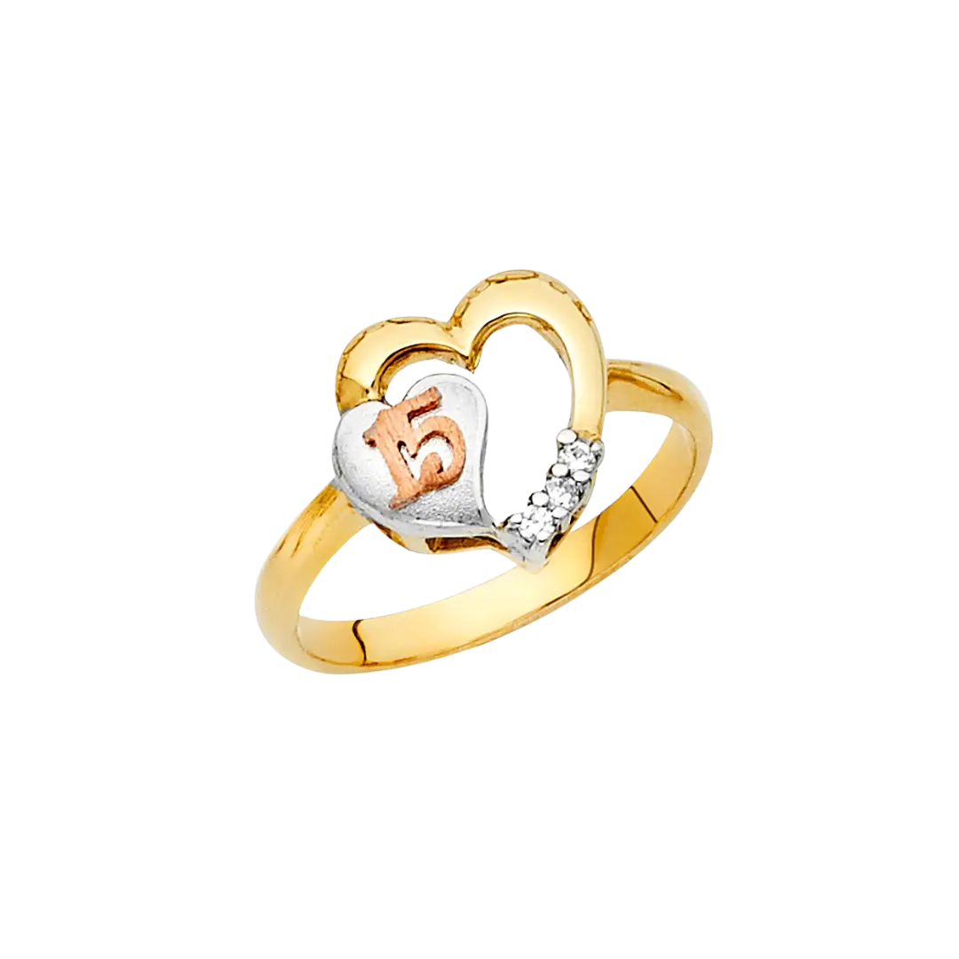 Quince Anos Heart with CZ Ring - 14k Tri Color Gold