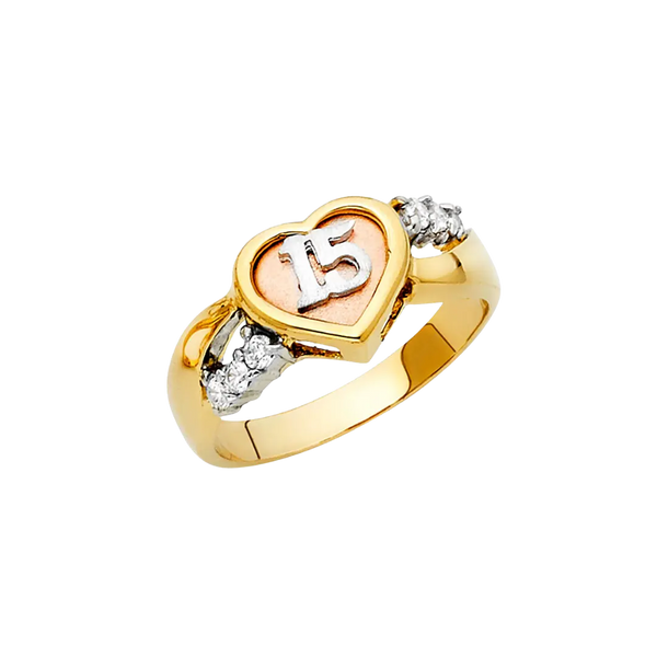 Quince Anos Heart with CZ Ring - 14k Tri Color Gold