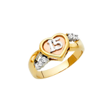 Quince Anos Heart with CZ Ring - 14k Tri Color Gold