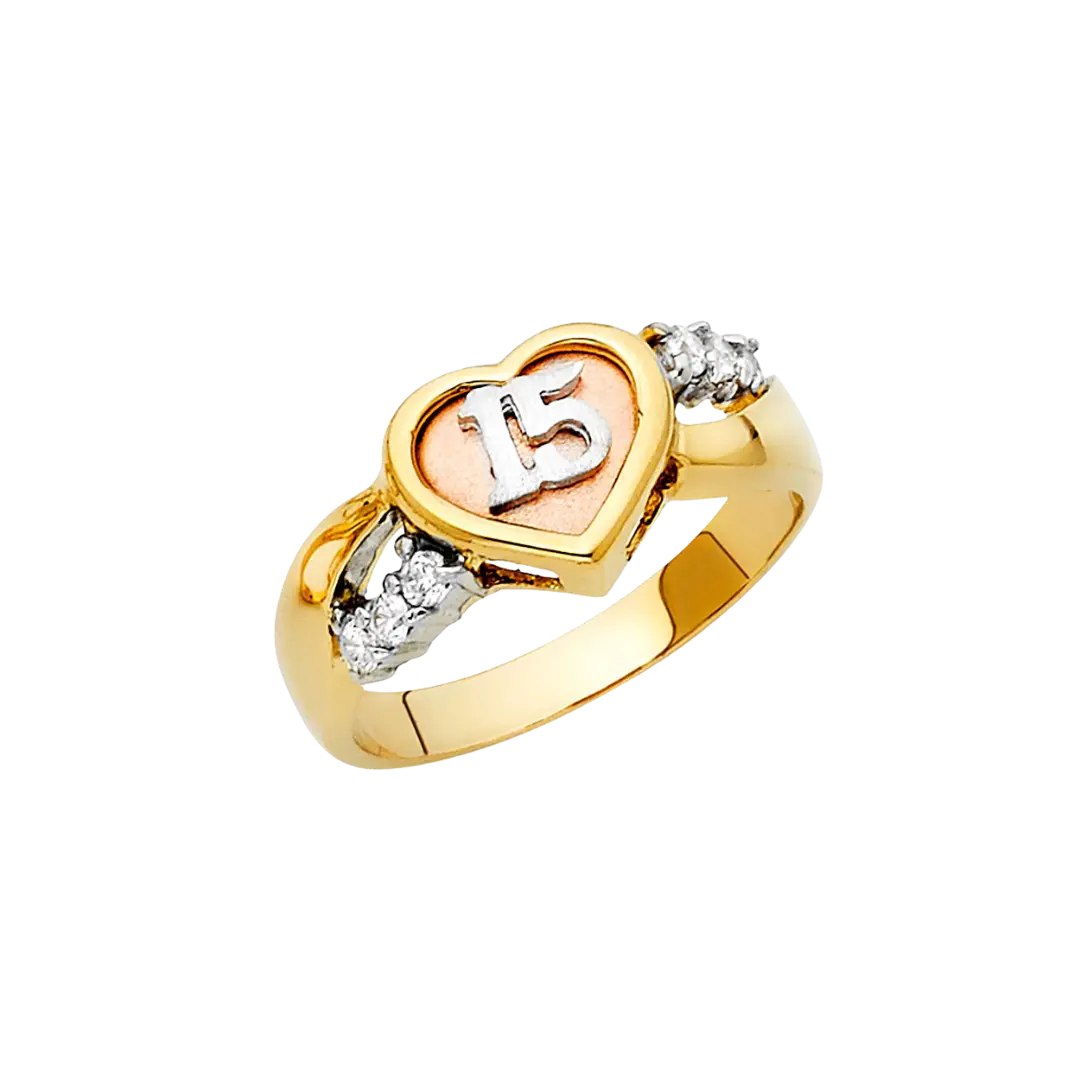 Quince Anos Heart with CZ Ring - 14k Tri Color Gold