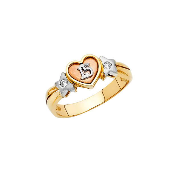 Quince Anos Heart with CZ Ring - 14k Tri Color Gold