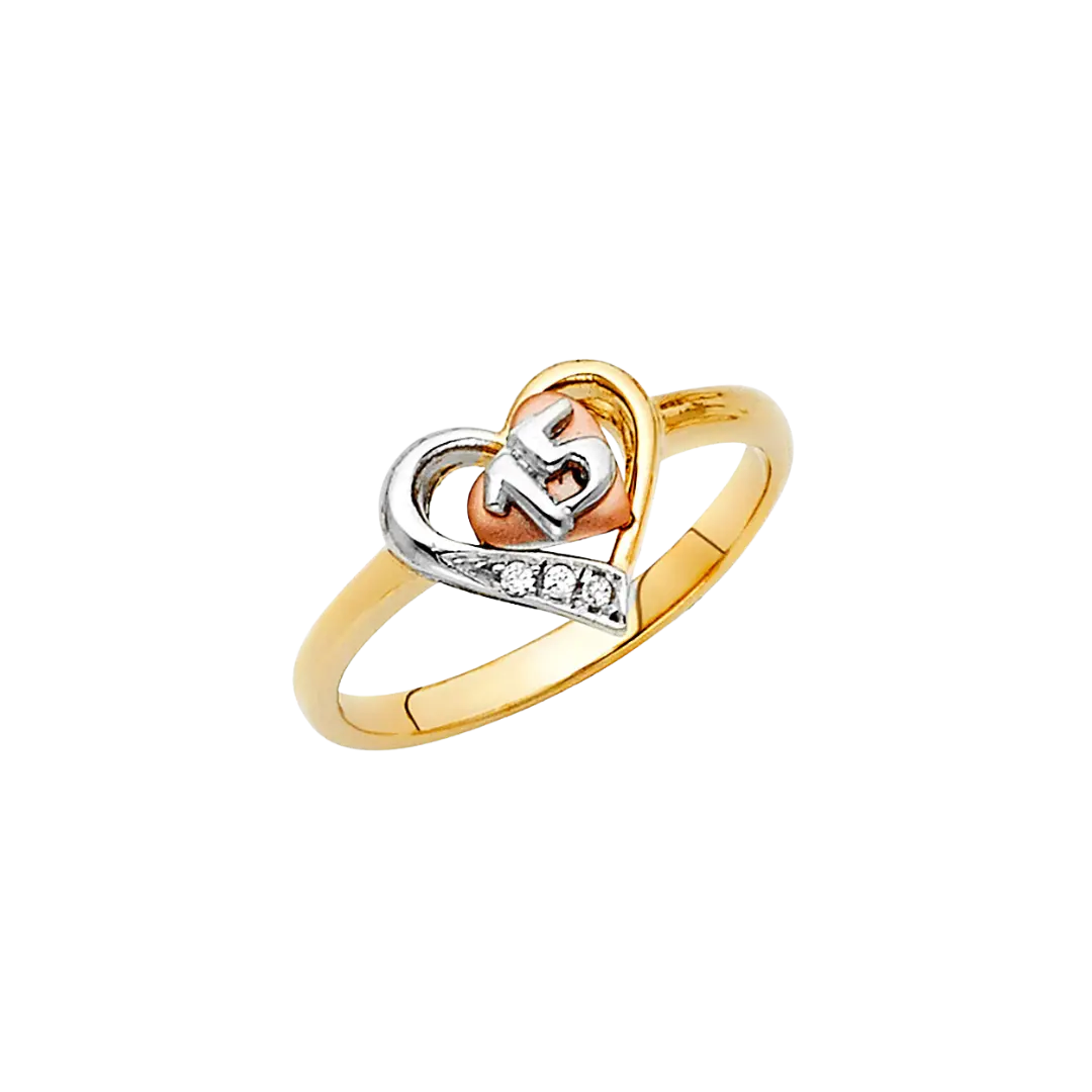 Quince Anos Heart with CZ Ring - 14k Tri Color Gold