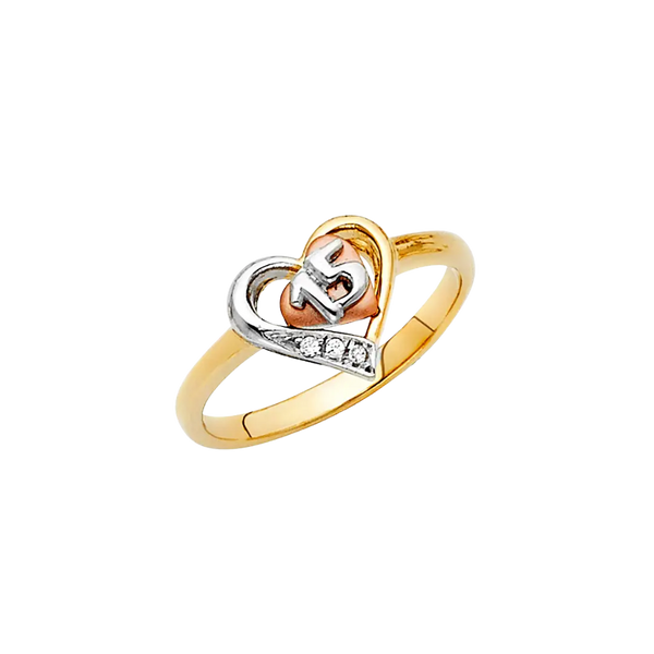 Quince Anos Heart with CZ Ring - 14k Tri Color Gold