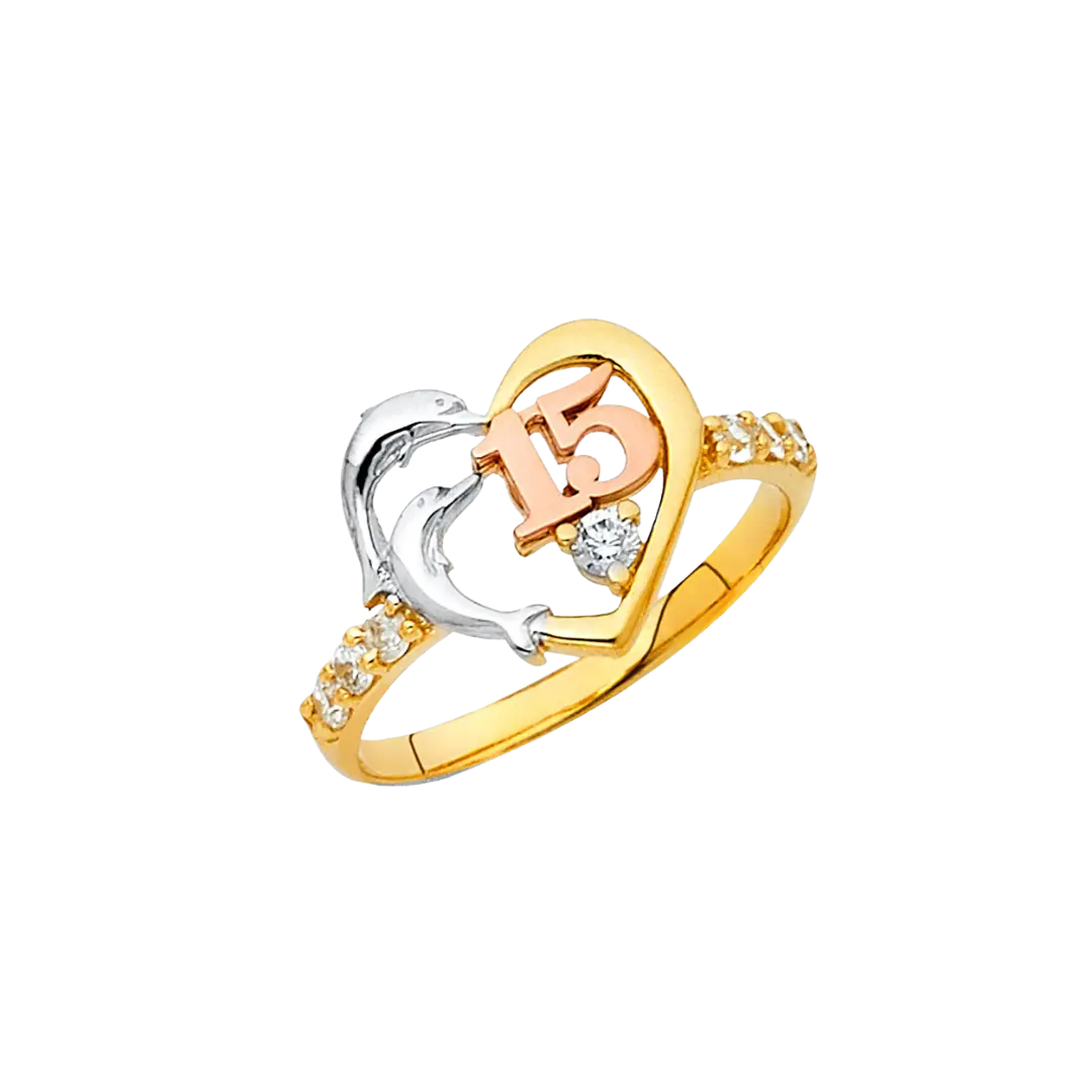 Quince Anos Heart with CZ Ring - 14k Tri Color Gold