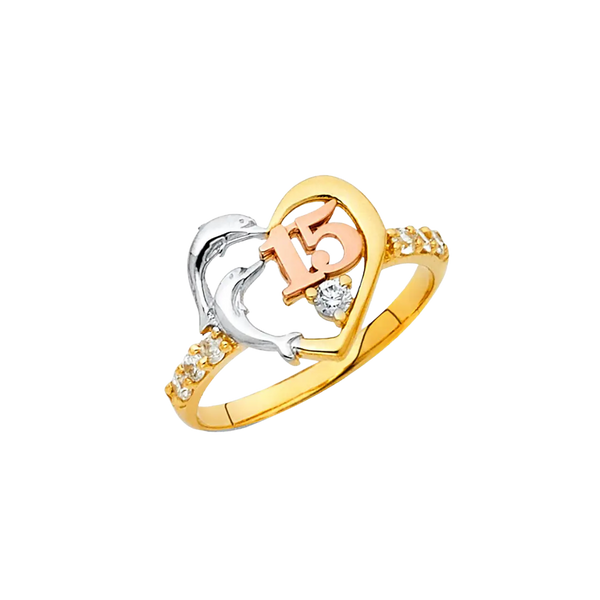 Quince Anos Heart with CZ Ring - 14k Tri Color Gold