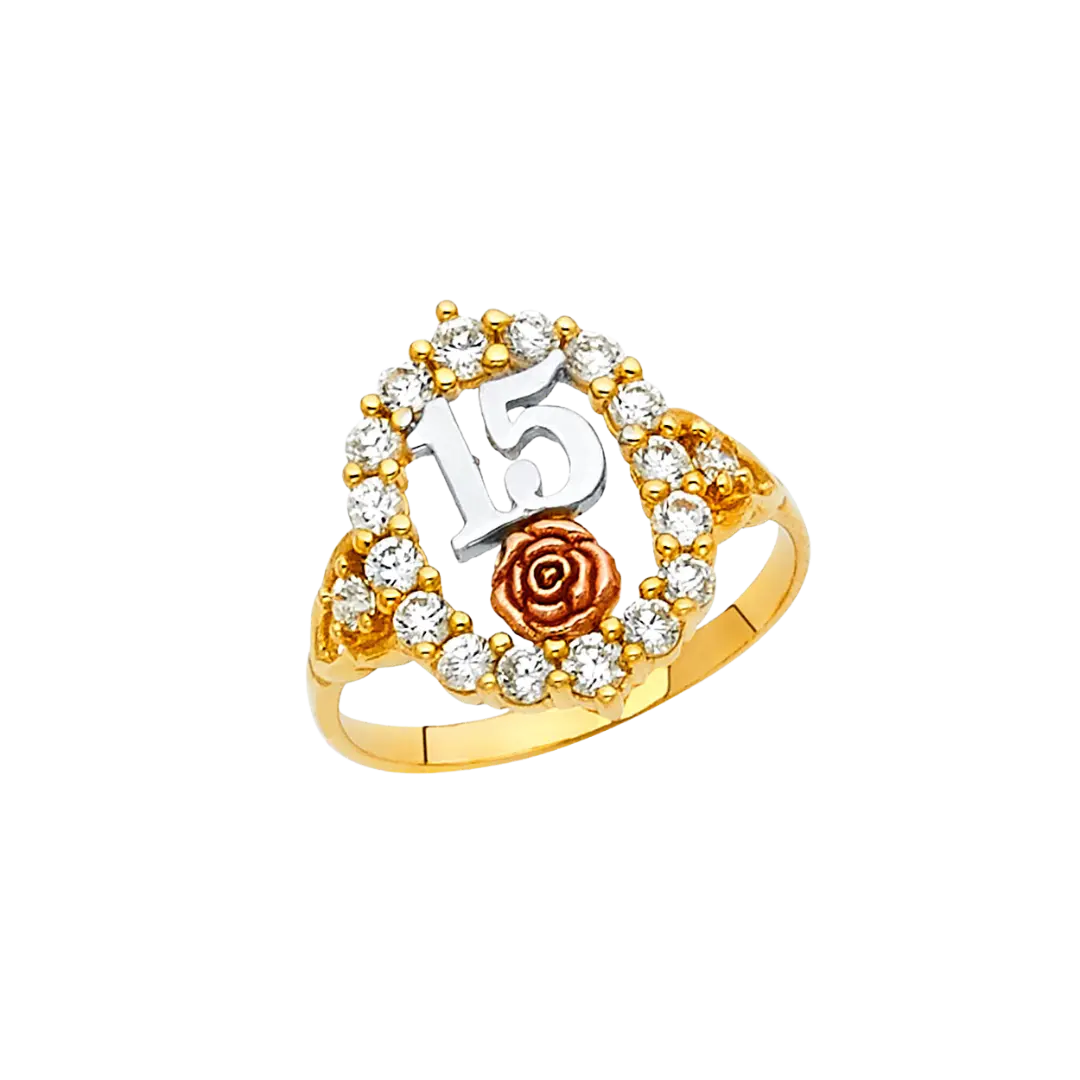 Quince Anos with CZ Ring - 14k Tri Color Gold