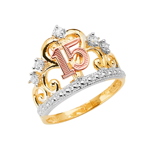 Quince Anos Crown with CZ Ring - 14k Tri Color Gold