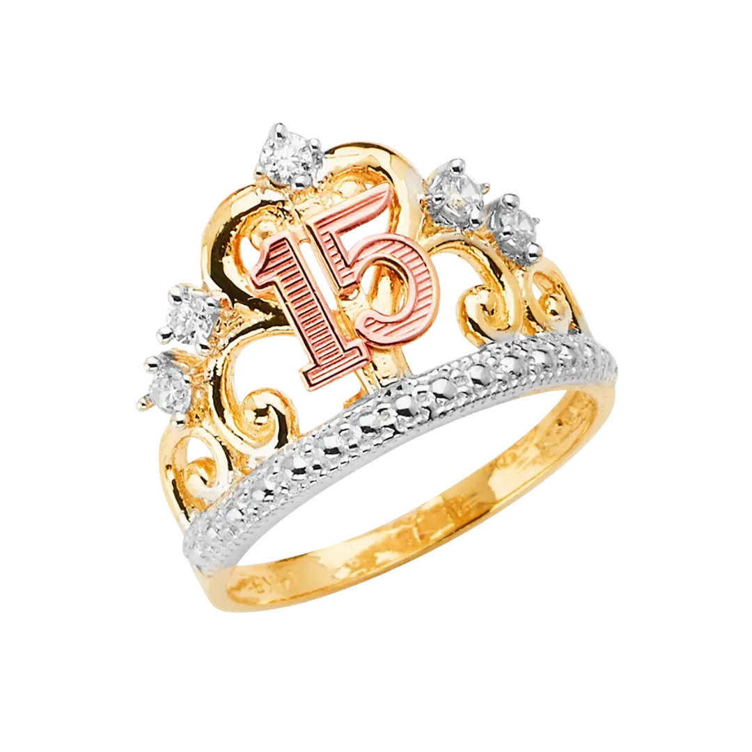 Quince Anos Crown with CZ Ring - 14k Tri Color Gold