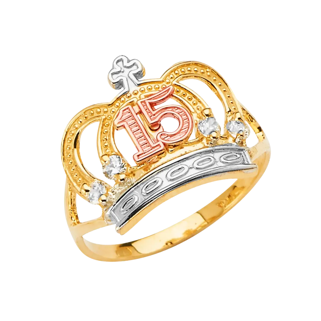 Quince Anos Crown with CZ Ring - 14k Tri Color Gold