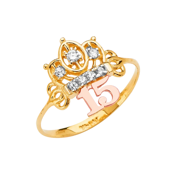 Quince Anos Crown with CZ Ring - 14k Tri Color Gold