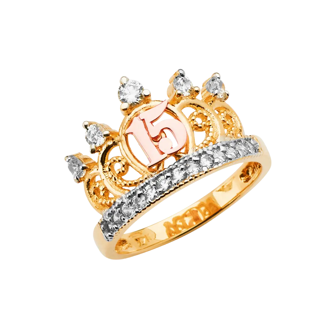 Quince Anos Crown with CZ Ring - 14k Tri Color Gold