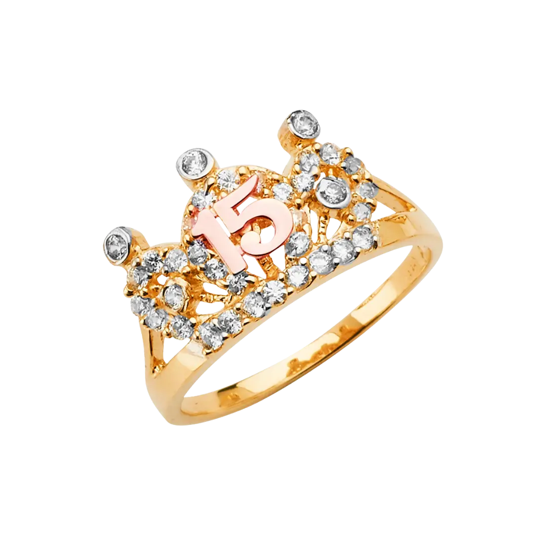 Quince Anos Crown with CZ Ring - 14k Tri Color Gold